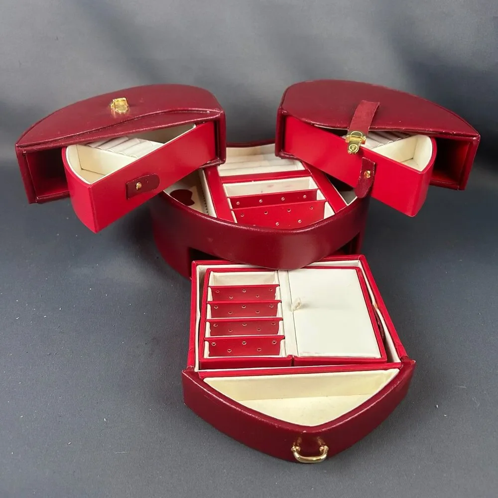 Vintage Wolf Designs Red Leather Heart Shape Jewelry Box Swing Out Design